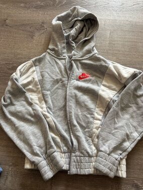 Nike Kids Gray & White Hooded Jacket with Red Swoosh
